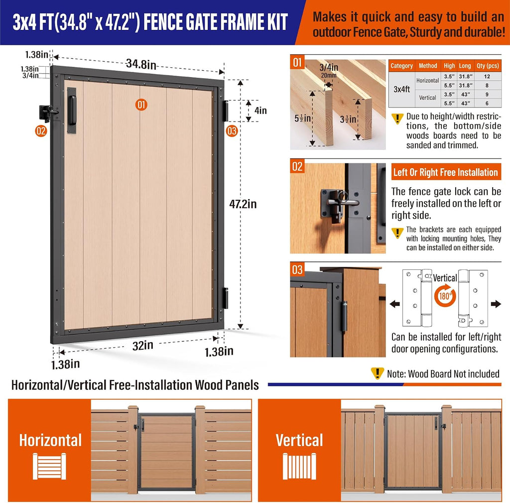 3x4FT (34.8'W X 47.2'H) 201 Stainless Steel Anti Sag Wooden Fence Gate Kit Heavy Duty Garden Gate Frame Hardware Kit Reinforcement (Left/Right Free-Installation)