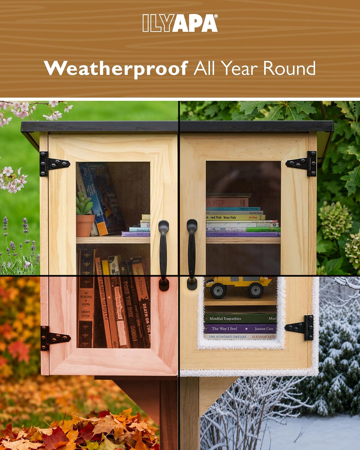 Ilyapa Outdoor Library Book Box - Free Literature Exchange Kit for Outside - Little Wood Cabinet for Sharing Books and Arts - 20x14x19 Inch