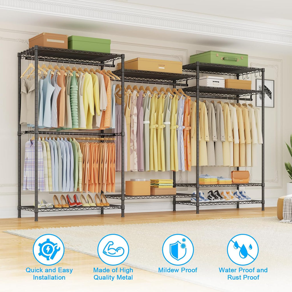 Ulif E13 Max Heavy Duty Clothes Rack（With 4 Hanger Rods & 8 Shelves） Freestanding Clothing Racks for Hanging Clothes，Adjustable Closet，Metal Garment Rack 86' W x16 D x77 H，Max Load 1100LBS，Black