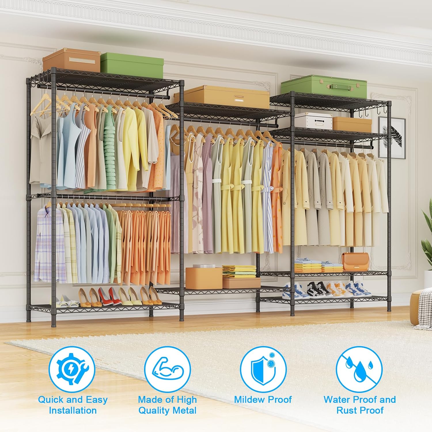 Ulif E13 Max Heavy Duty Clothes Rack（With 4 Hanger Rods & 8 Shelves） Freestanding Clothing Racks for Hanging Clothes，Adjustable Closet，Metal Garment Rack 86' W x16 D x77 H，Max Load 1100LBS，Black