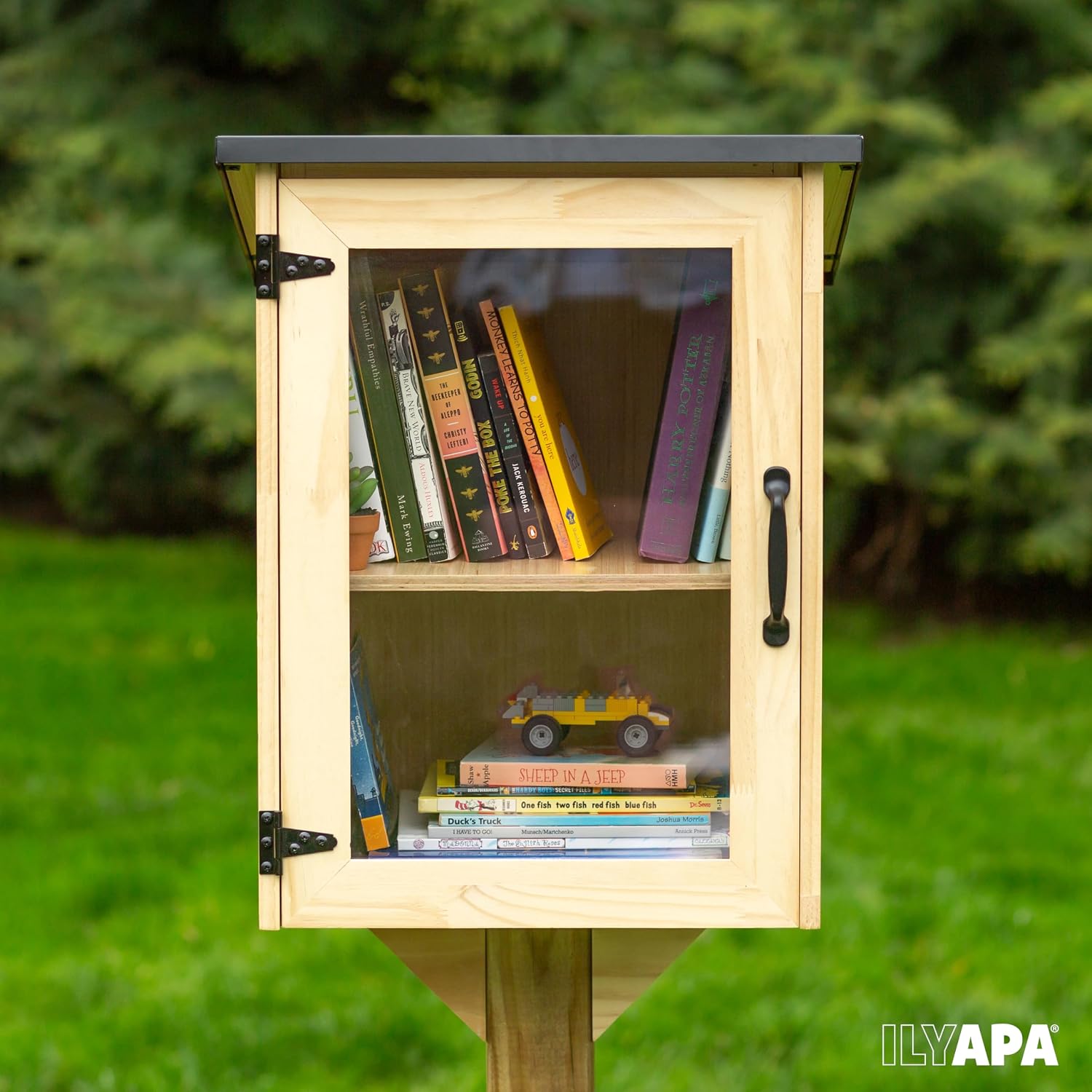 Ilyapa Outdoor Library Book Box - Free Literature Exchange Kit for Outside - Little Wood Cabinet for Sharing Books and Arts - 16x14x22 Inch