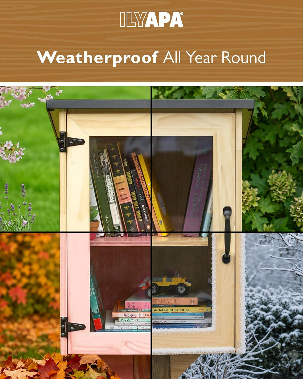 Ilyapa Outdoor Library Book Box - Free Literature Exchange Kit for Outside - Little Wood Cabinet for Sharing Books and Arts - 16x14x22 Inch