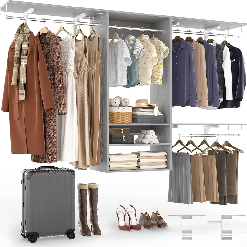 8FT Hanging Closet System, 96 Inch Closet Organizer System with Hanging Rod, Walk In Mounted Closet System, Built-In Clothes Garment Rack with 3 Shelving Towers(Can Be Cut To Fit), Grey