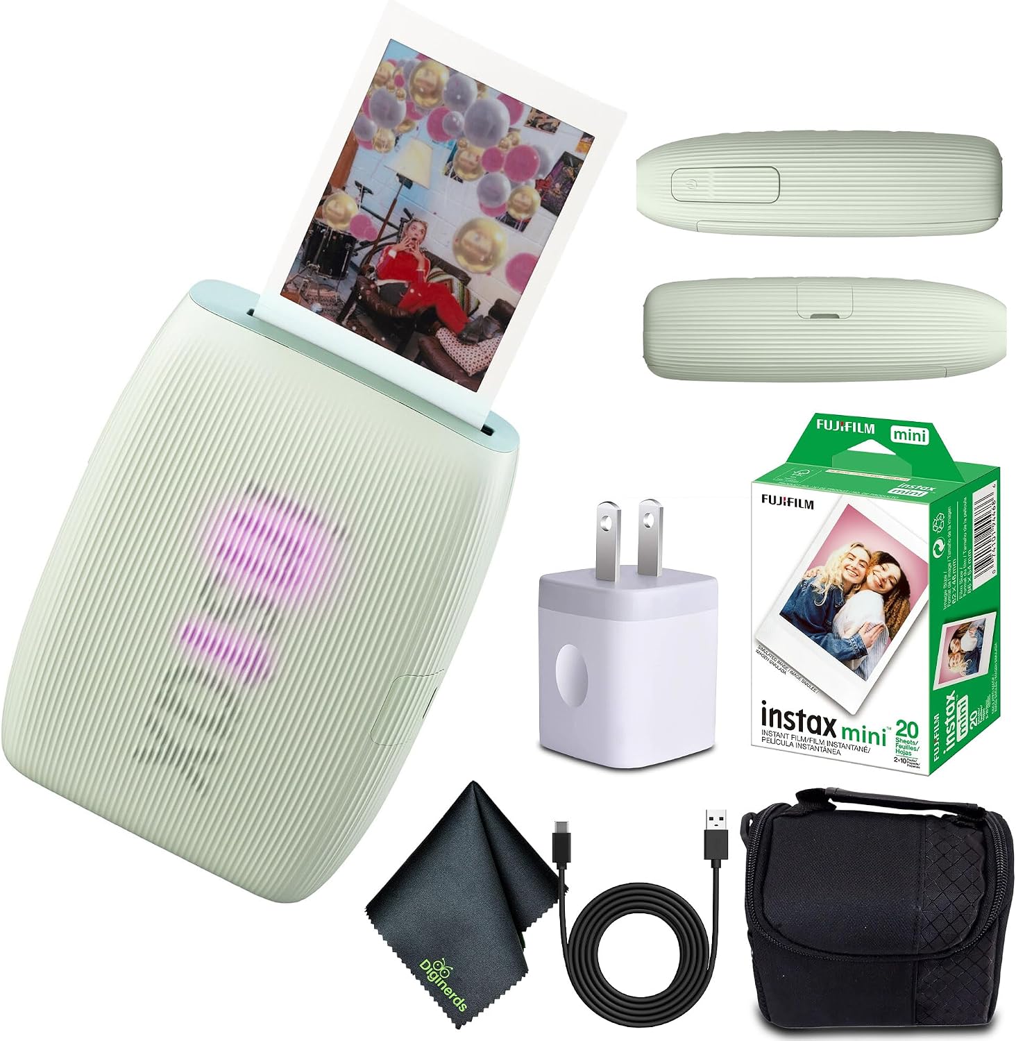 Fujifilm INSTAX MINI Link 3 Smartphone Printer (Sage Green) + Travel Bag Small INSTAX MINI Instant Film (20 Sheets) + USB Power Charging Adapter + Diginerds Microfiber Cleaning Cloth