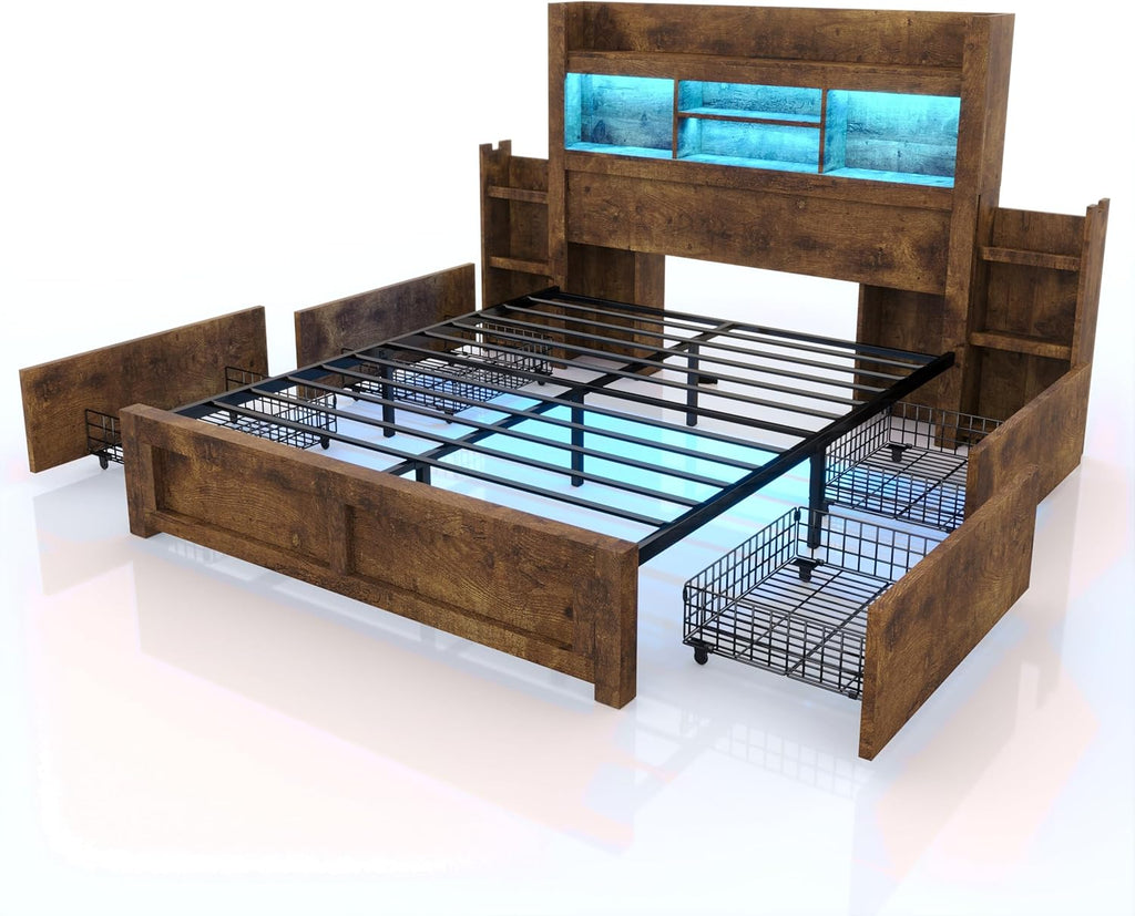 LUXOAK Full Bed Frame with 49.6' Bookcase Headboard & 2 Bedside Stoage Racks & 4 Drawers, Farmhouse Wood Bed Frame with RGB LED & Charging Station, No Box Spring Needed, Rustic Brown