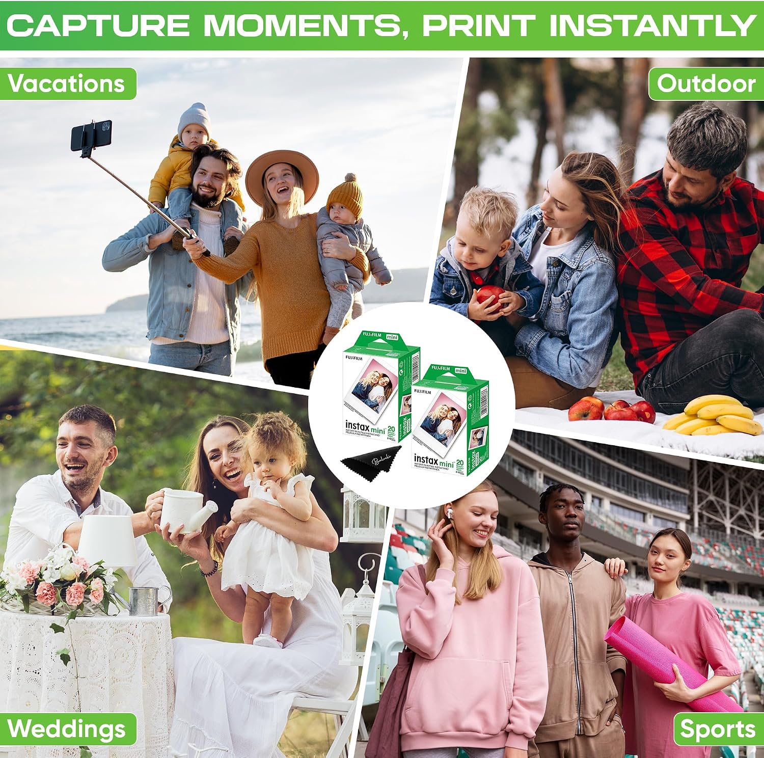 Fujifilm Instax Mini Film ISO 800, Six Twin Packs 120 EXP Total Compatible with Instax Mini Evo, 12, 11, 9 Models, Includes Balveli Premium Microfiber Cleaning Cloth