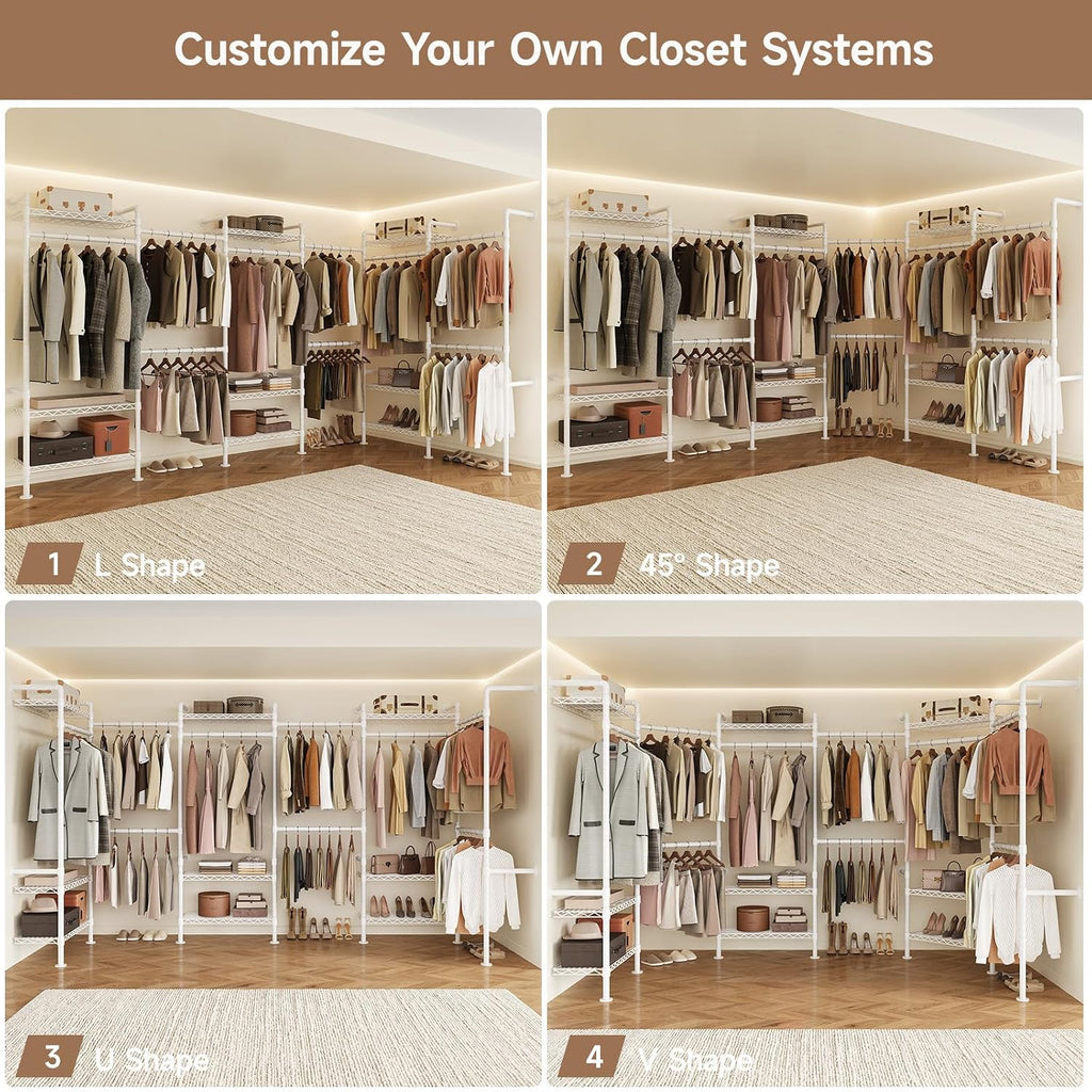 Wall Mounted Garment Rack, Industrial Pipe Clothing Rack, Closet System with 6 Expandable Rods, Walk in Closet Shelving, Clothes Organizers and Storage, Hanging Racks Wardrobe Renovation, White