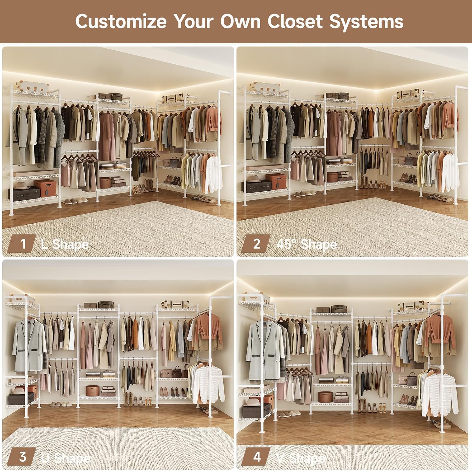 Wall Mounted Garment Rack, Industrial Pipe Clothing Rack, Closet System with 6 Expandable Rods, Walk in Closet Shelving, Clothes Organizers and Storage, Hanging Racks Wardrobe Renovation, White