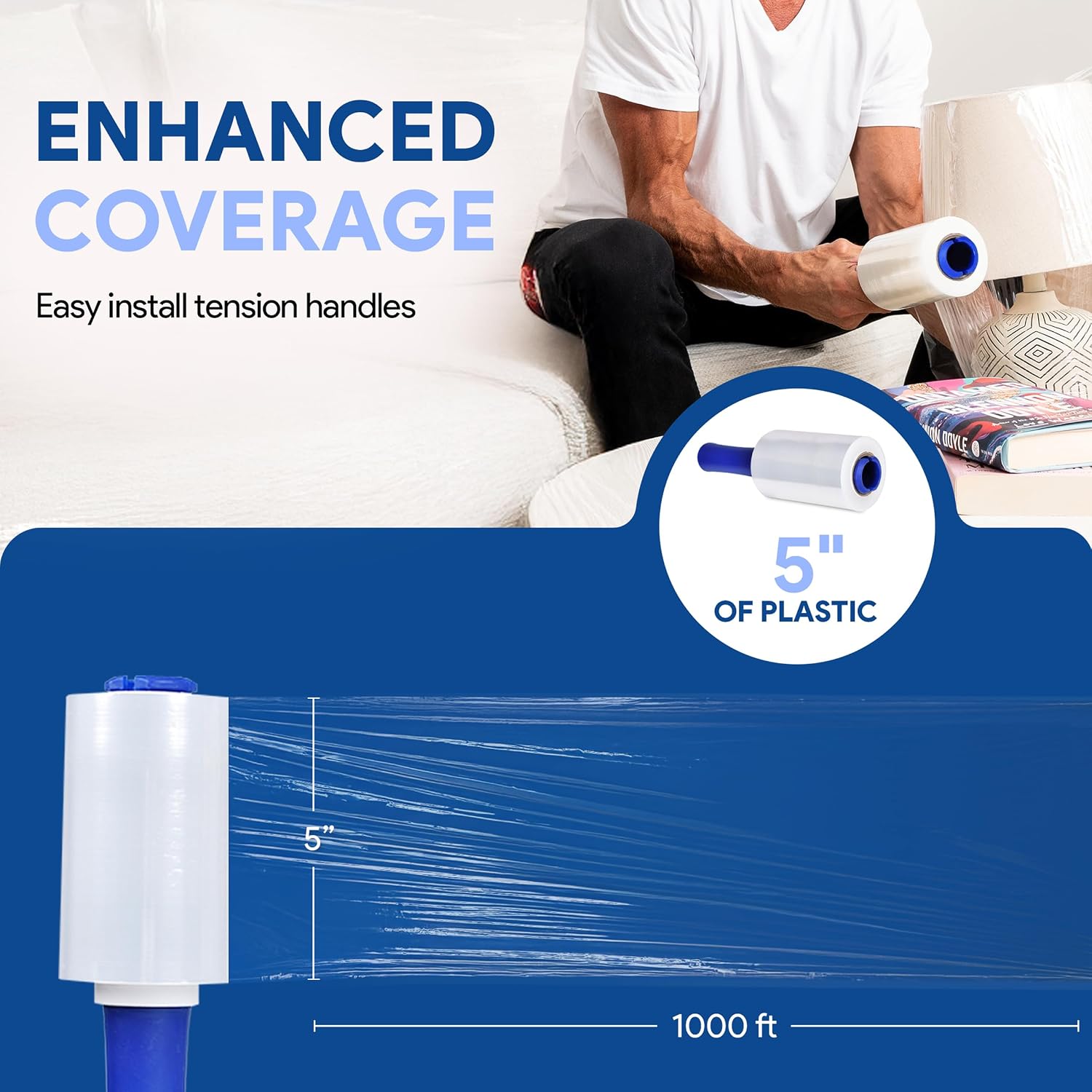 International Plastics Co. 5' Plastic Stretch Film Wrap with Rotating Handle 1000 feet 500% Stretch Ability (36 Pack, 5' Spinning Handles)