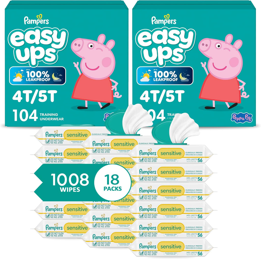 Pampers Easy Ups Pull On Training Underwear Girls, 4T-5T, 2 Month Supply (2 x 104 Count) with Sensitive Water Based Baby Wipes 12X Multi Pack Pop-Top and Refill (1008 Count)