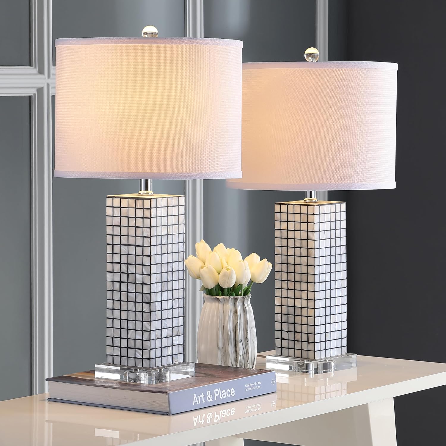SAFAVIEH Lighting Collection Skagway Modern Art Deco Black/ Cream 26-inch Bedroom Living Room Home Office Desk Nightstand Table Lamp Set of 2 (LED Bulbs Included)