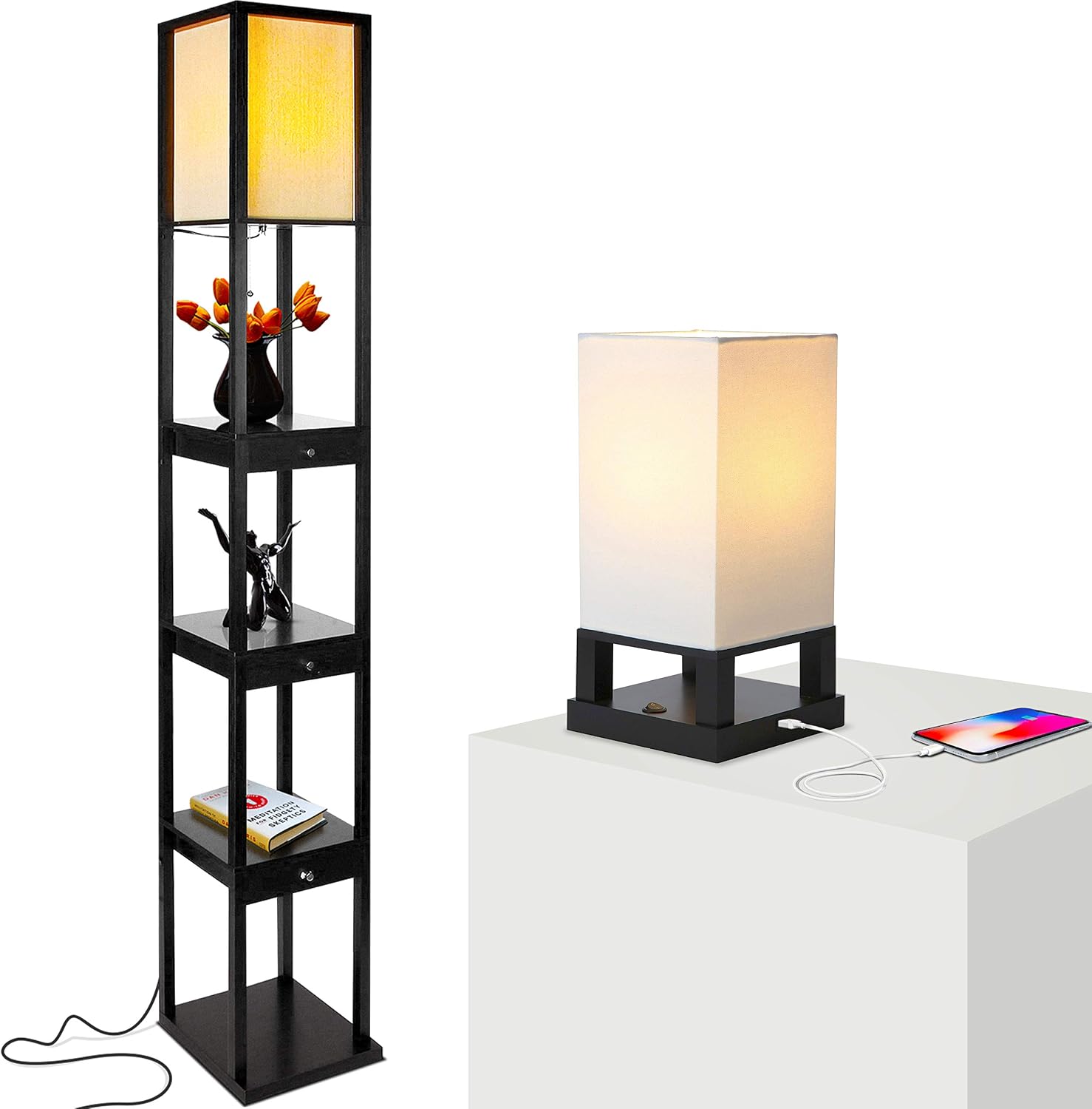 Brightech Maxwell Floor & Table Lamp Set of 2 - Modern Floor Lamp With Drawers And Nightstand Lamp with USB Port - Perfect for Bedrooms & Living Rooms, LED Bulb, Wood Frame, Soft Ambient Light - Black