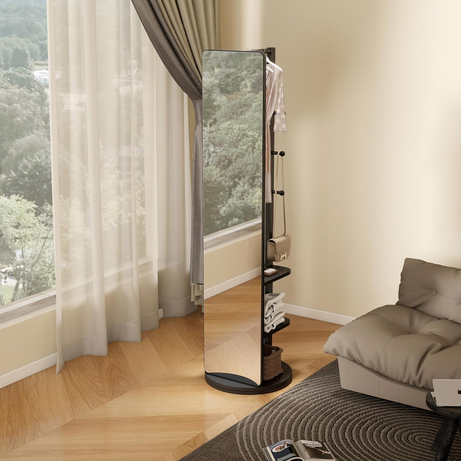 BOWEI Solid Wooden Mirror Coat Rack, Full Length Mirror with Coat Rack, Hall Coat Tree with Hooks and Storage Shelf for Coats, Hats, Bags, for Entryway, Hallway, Bedroom (Black)