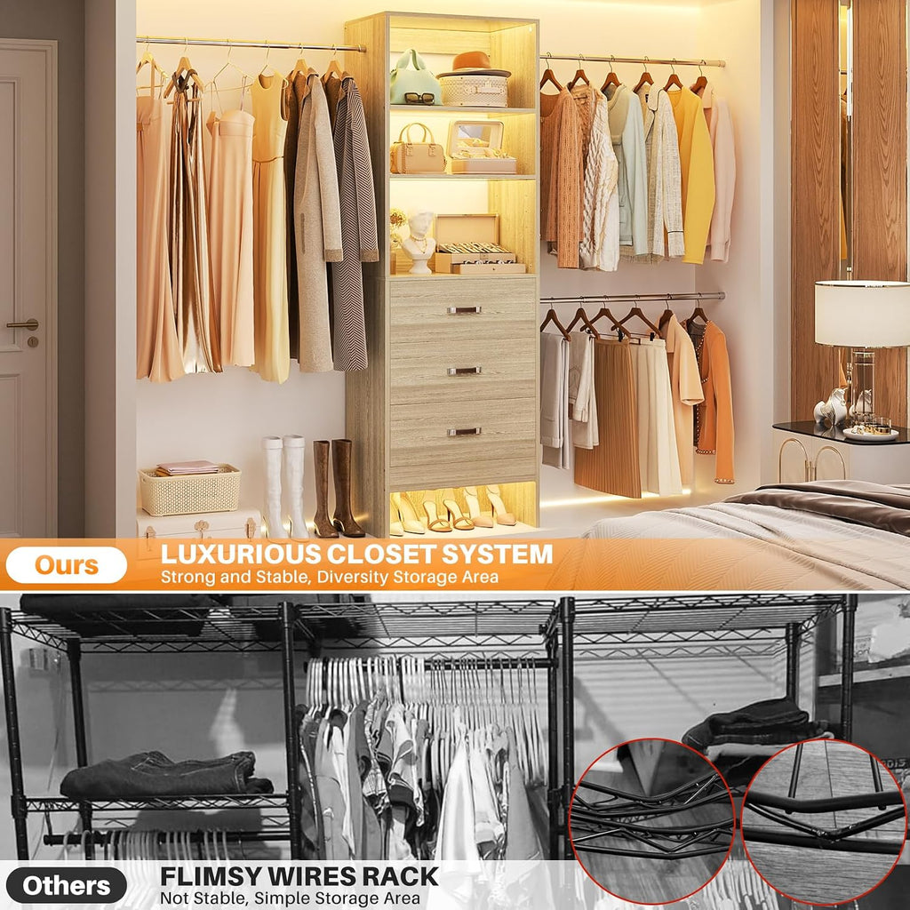Homieasy 96 Inches Closet Organizer System, 8FT Customizable Walk In Closet Organizer with Hanging Rods, 3 Leather Handle Drawers Garment Rack, 96' L x 16' W x 75' H, Max Load 1000 LBS, White Oak