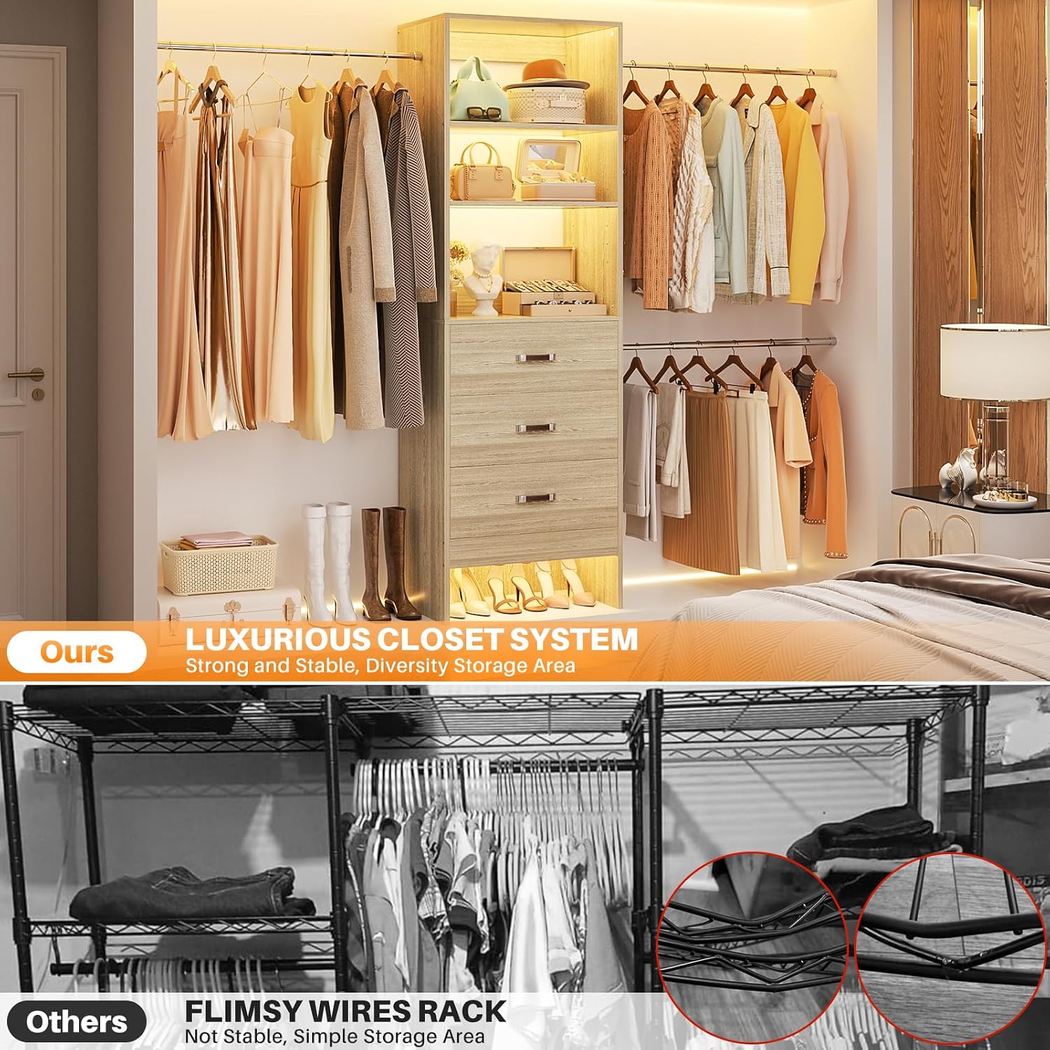 Homieasy 96 Inches Closet Organizer System, 8FT Customizable Walk In Closet Organizer with Hanging Rods, 3 Leather Handle Drawers Garment Rack, 96' L x 16' W x 75' H, Max Load 1000 LBS, White Oak