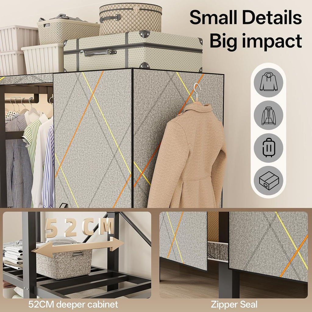 Heavy Duty Portable Closet Wardrobe, Garment Rack with Cover & Hanging Rods, Freestanding Wardrobe with Magnetic Door, Metal Closet Rack for Hanging Clothes (Door Design, 70.9''/180cm)