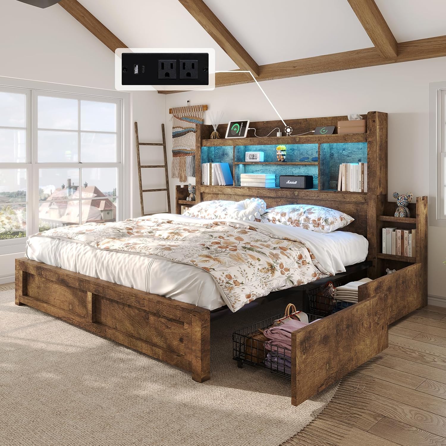 LUXOAK King Bed Frame with 49.6' Bookcase Headboard & 2 Bedside Stoage Racks & 4 Drawers, Farmhouse Wood Bed Frame with RGB LED & Charging Station, No Box Spring Needed, Rustic Brown
