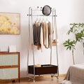 32in Modern Minimalist Coat Rack Stand Metal Garment Rack Features Solid Wood Storage Basket And 4 Wheels Floor Standing Clothes Rack Organizer For Bedrooms, Living Rooms,Walnut finish,24.4in