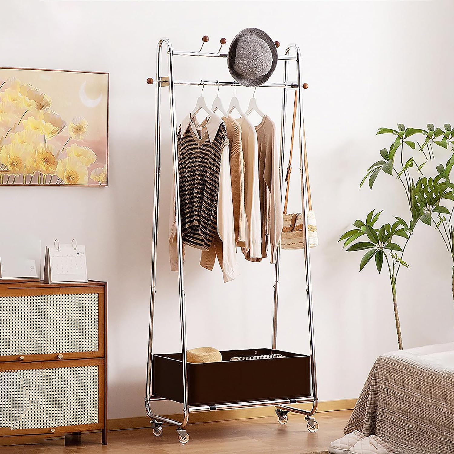 32in Modern Minimalist Coat Rack Stand Metal Garment Rack Features Solid Wood Storage Basket And 4 Wheels Floor Standing Clothes Rack Organizer For Bedrooms, Living Rooms,Walnut finish,24.4in