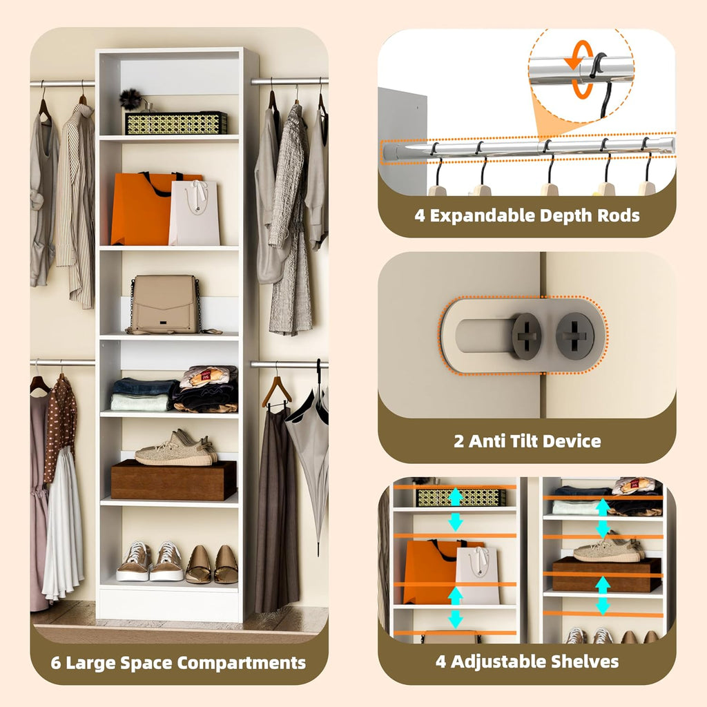 Closet System, 3Ft-5Ft Closet Organizer System With Adjustable Shelves, Walk-In Closet Storage System With 5 Expandable Hanging Rods, Adjustable Cloth Garment Rack from 3 to 5FT, White