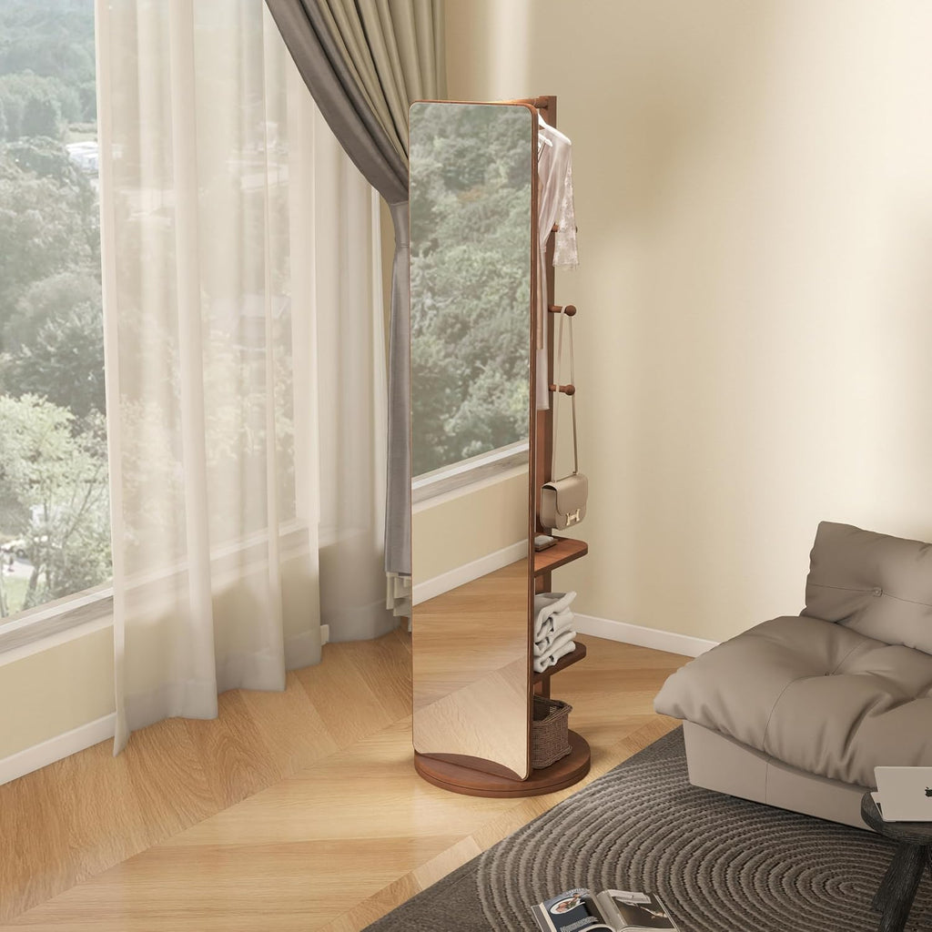 BOWEI Solid Wooden Coat Rack, Free Standing Coat Stand with Full Length mirror, Hall Coat Tree with Hooks and Storage Shelf for Coats, Hats, Bags, for Entryway, Hallway, Bedroom (Walnut)