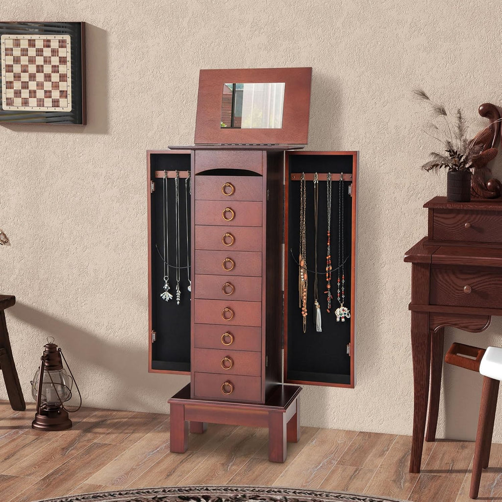 NAFORT Jewelry Armoire with Top Flip Vanity Mirror, Jewelry Cabinet with 9 Drawers and 2 Side Doors for Necklace, Large Storage Capacity Jewelry Organizer and Storage, Walnut