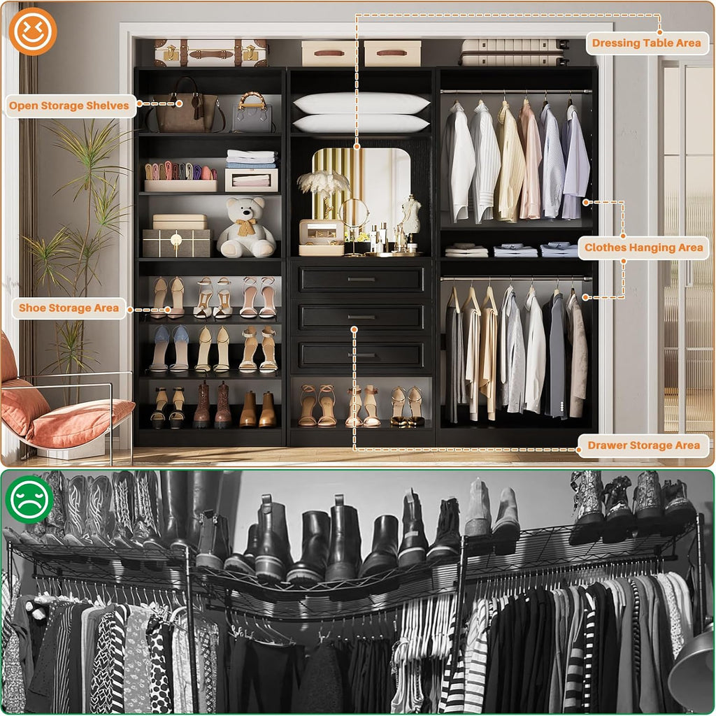 Unikito Modular Closet System with 3 Sets, 75'Closet Organizer System With Drawers, Mirror, Hanging Rods and Adjustable Shelves, Freestanding Wood Wardrobe Garment Rack, Walk in Closet Tower, Black