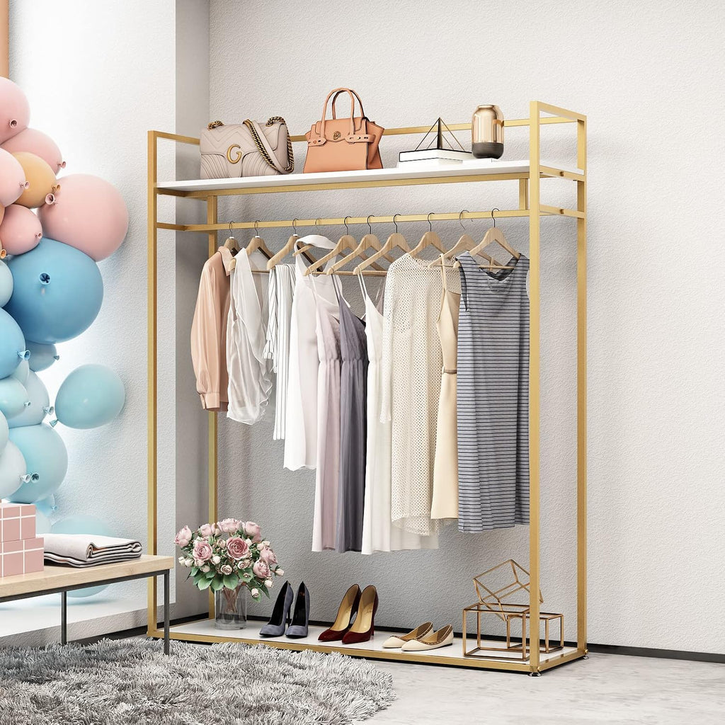 Heavy Duty Gold Clothing Rack with Shelves for Hanging Clothing, Gold Metal Freestanding Garment Rack for Retail Display (59' L)