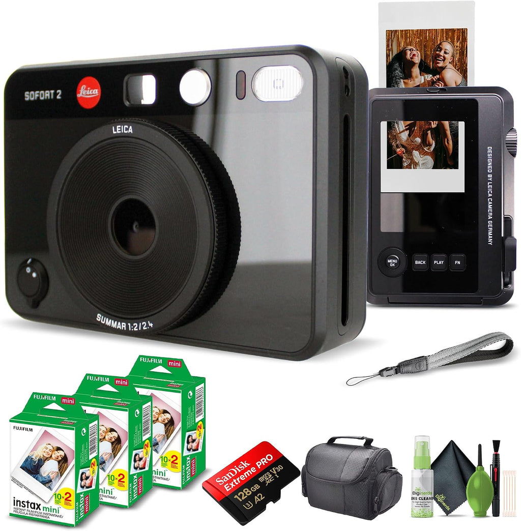 Leica Sofort 2 Hybrid Instant Photo Film and Digital Camera (Black) (19190) with LCD Display Bundle with Fujifilm Instant Film 60 Sheets + 128 GB Memory Card + Bag + Cleaning Kit