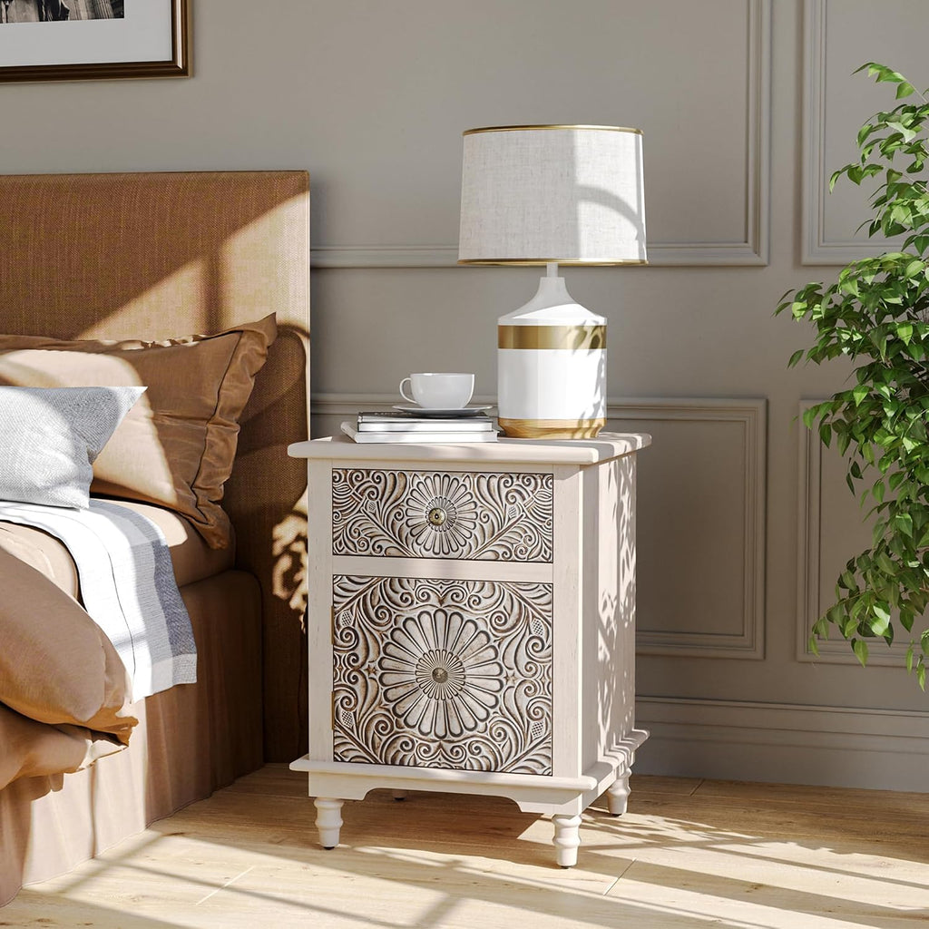 SUNBURY End Table Living Room Small Side Table w Drawer, 18' Vintage Wood Nightstand, 2-Tier MDF Living Room End Table Wood Accent Table, Bed Side Night Stand
