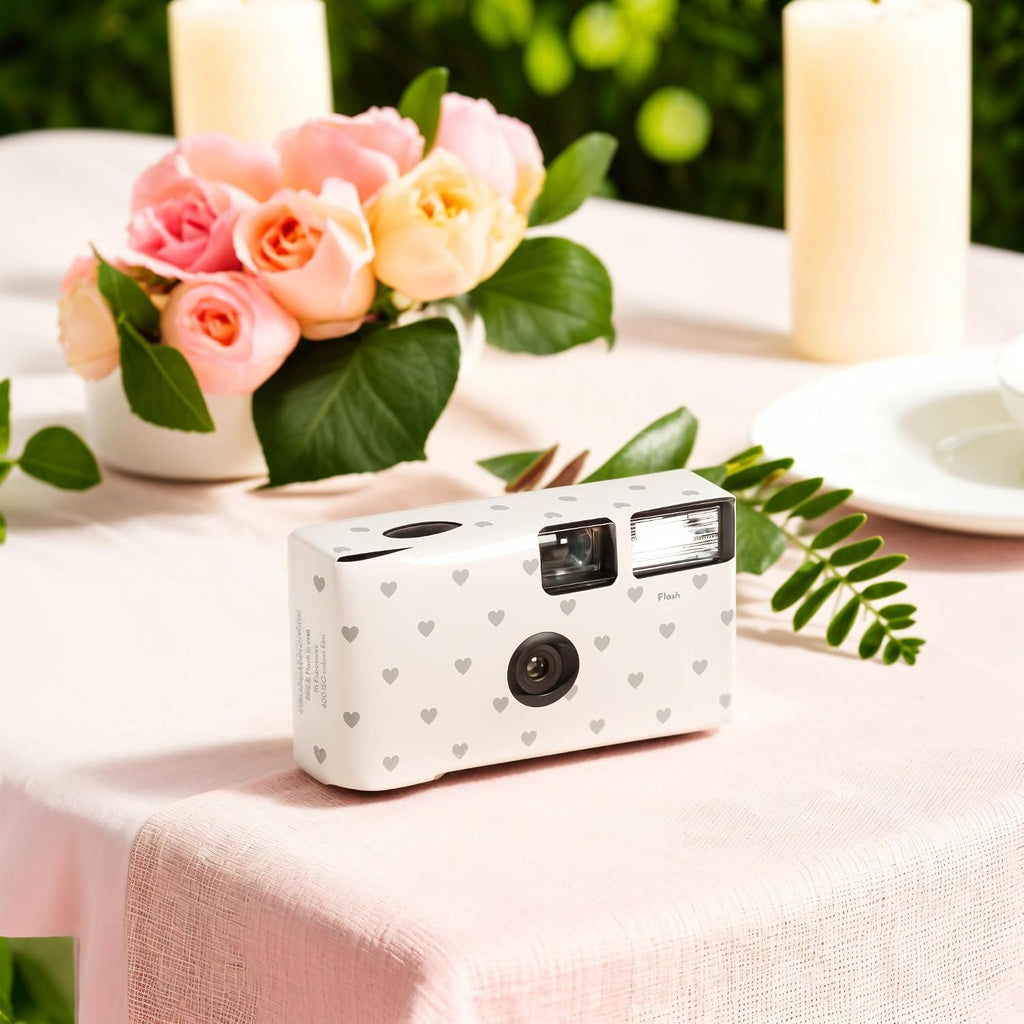 Weddingstar Disposable Camera with Flash - Single Use 35mm Film Camera for Wedding or Party Favors - Silver Hearts (10 Pack)