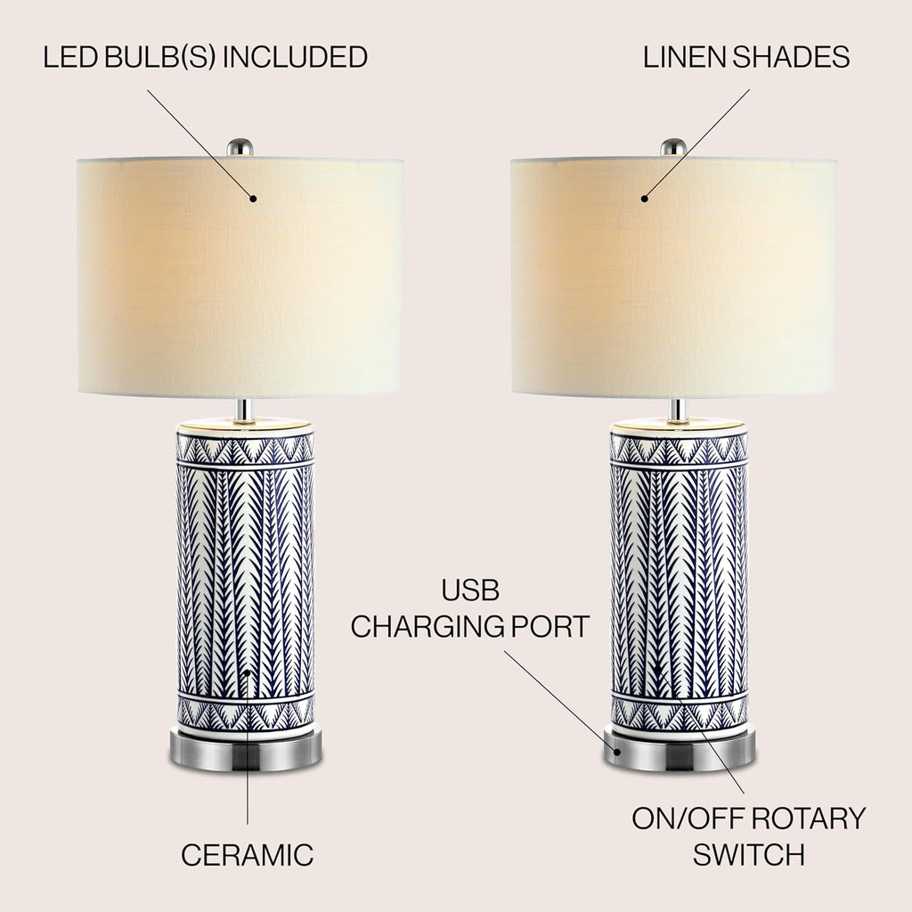 JONATHAN Y 27' Navy Ceramic Contemporary USB Charging LED Table Lamp Set of 2, Geometric Column Lamp with White Linen Drum Shade, Chrome Base, LED Bulbs Included JYL6615A-SET2