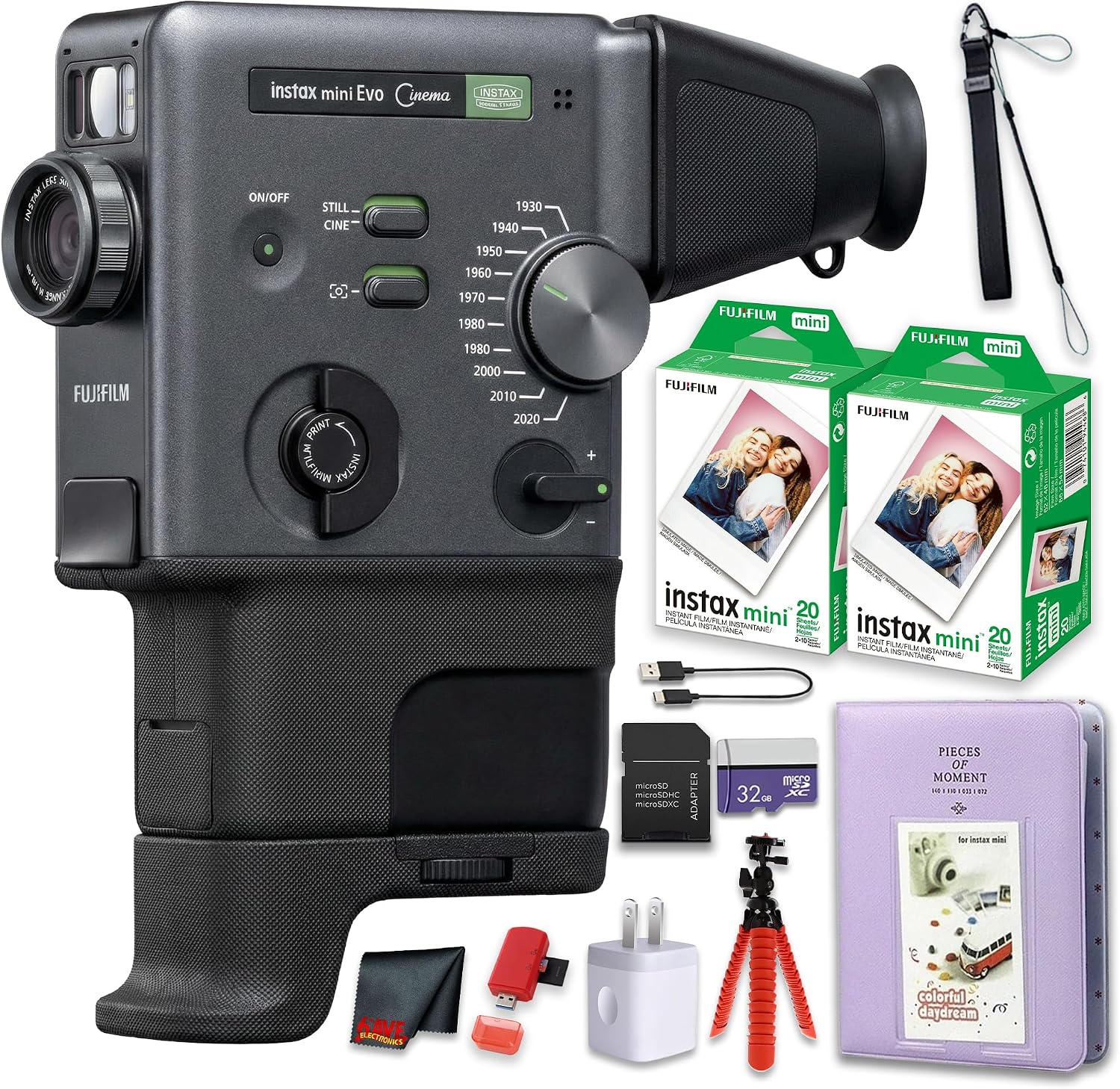 FUJIFILM instax mini Evo Cinema Hybrid Instant Camera Bundle, 3-in-1 Instant Camera Smartphone Printer Video Camera, Gen Dial Effects, Viewfinder & Grip + 40-Photo Instax Mini Film + More
