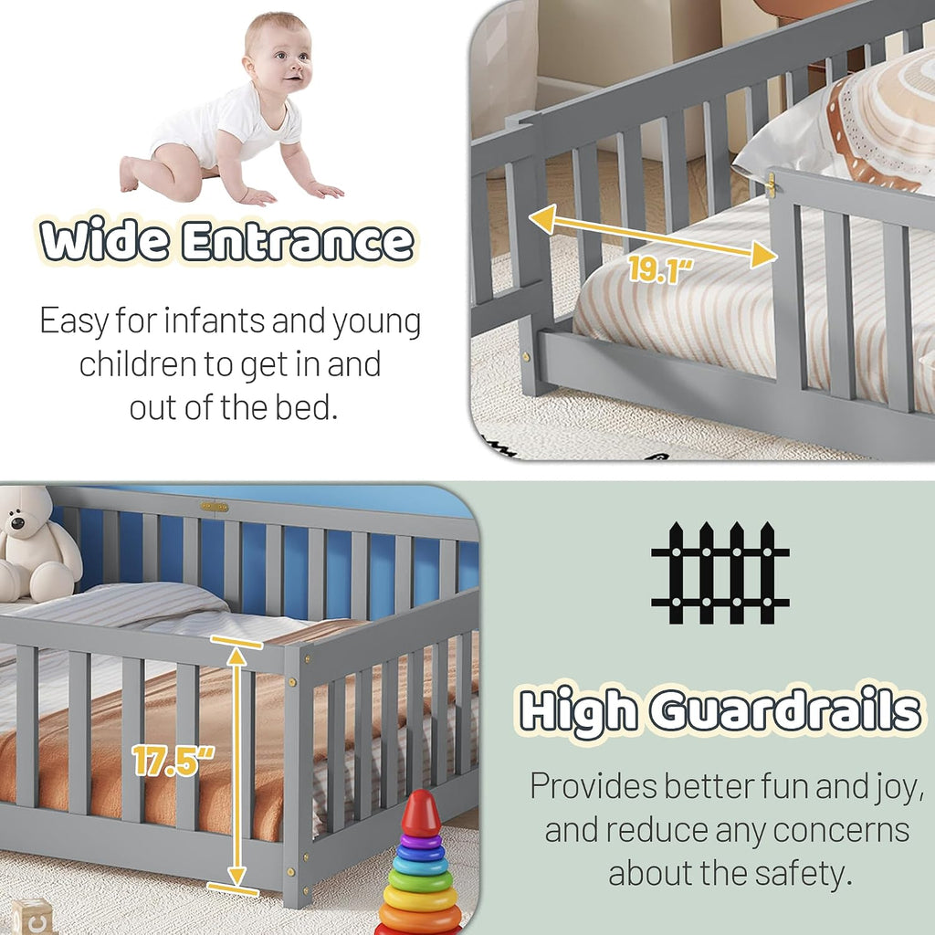 Queen Floor Bed with Safety Guardrails for Kids, Rubber Wood Montessori Bed with Slats and Convertible Door,Queen Size Bed Frame for Girls and Boys,No Box Spring Needed,Grey