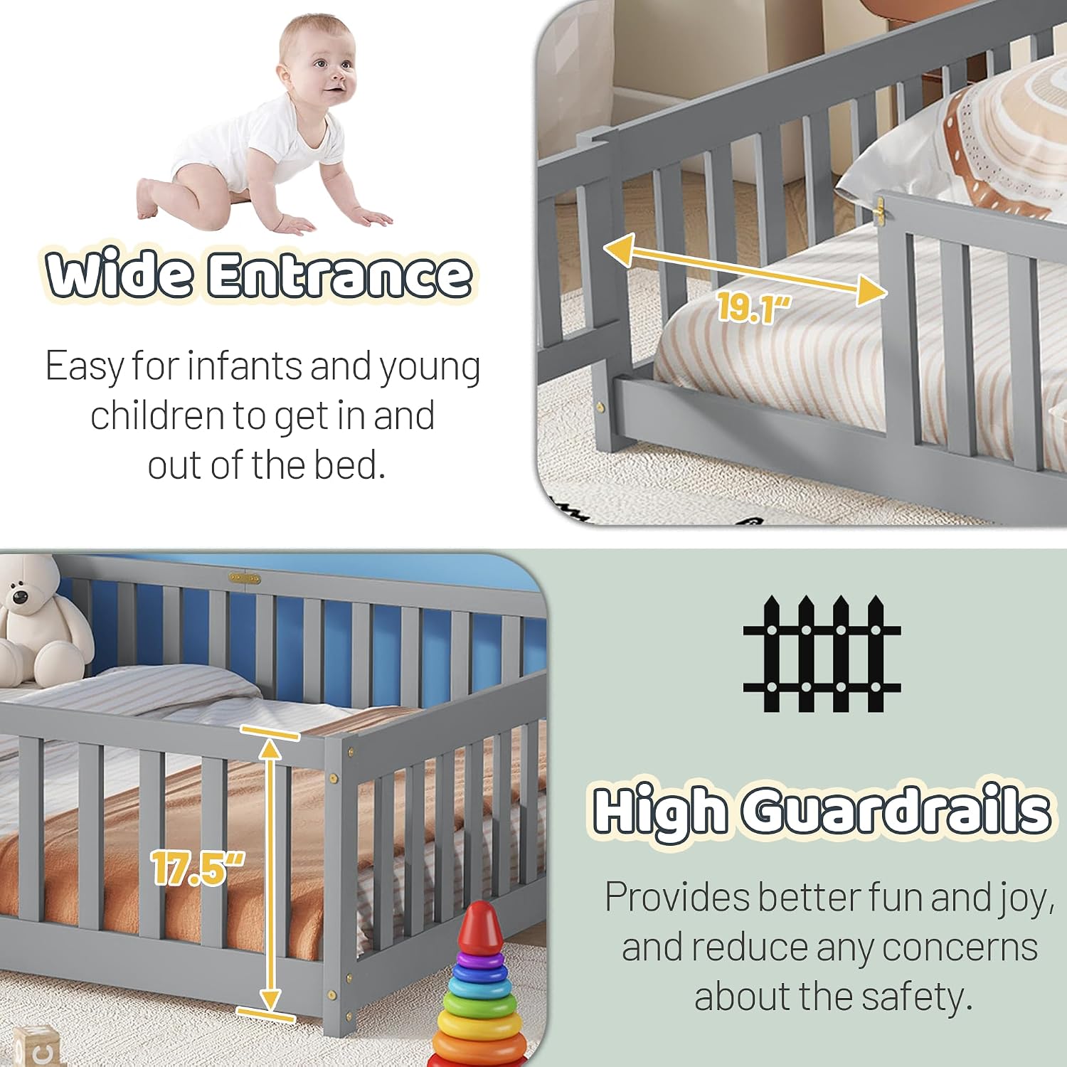 Queen Floor Bed with Safety Guardrails for Kids, Rubber Wood Montessori Bed with Slats and Convertible Door,Queen Size Bed Frame for Girls and Boys,No Box Spring Needed,Grey