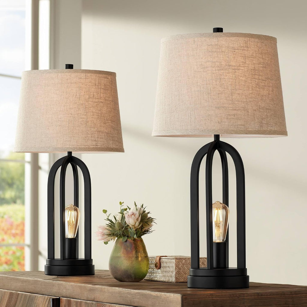 360 Lighting Marcel Industrial Modern Table Lamps 24.25' High Set of 2 with USB Charging Port and Nightlight LED Black Metal Burlap Linen Shade for Living Room Desk Bedroom House Bedside