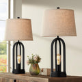 360 Lighting Marcel Industrial Modern Table Lamps 24.25' High Set of 2 with USB Charging Port and Nightlight LED Black Metal Burlap Linen Shade for Living Room Desk Bedroom House Bedside