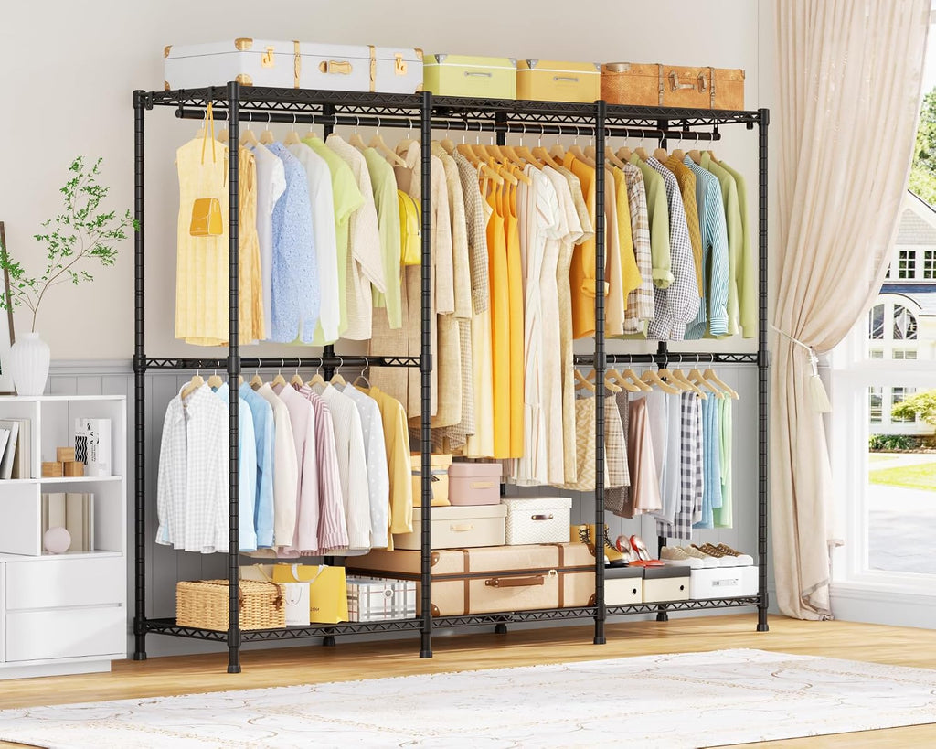 ULIFHOME E14 Pro Heavy Duty Clothes Rack，Freestanding Clothing Racks for Hanging Clothes，Adjustable Closet Organizers and Storage，Metal Garment Rack with Shelves 69'W x16'D x77'H，Max Load 960LBS，Black