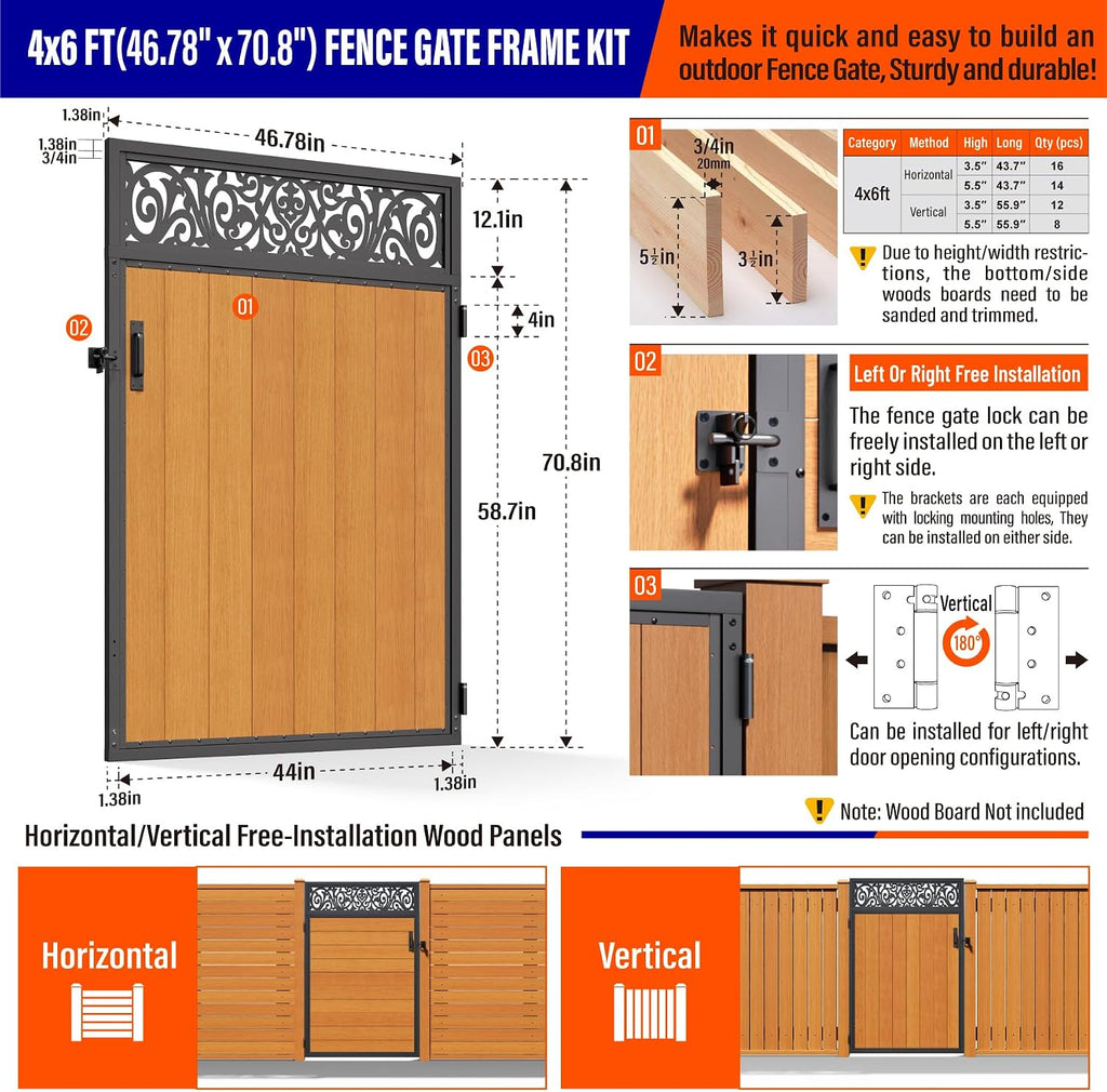 4x6FT (46.78'W X 70.8'H) 201 Stainless Steel Anti Sag Wooden Fence Gate Kit Heavy Duty Garden Gate Frame Hardware Kit Reinforcement (Left/Right Free-Installation)