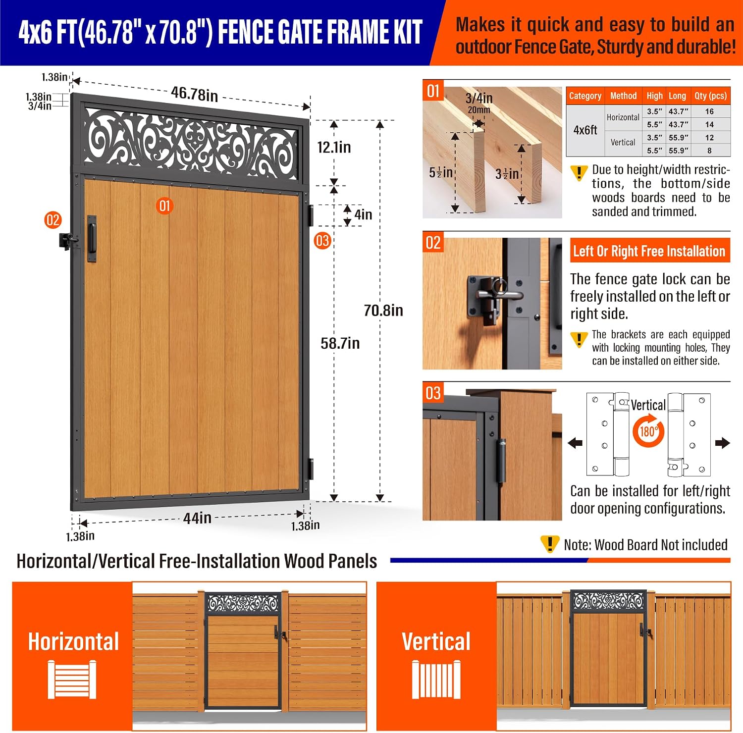 4x6FT (46.78'W X 70.8'H) 201 Stainless Steel Anti Sag Wooden Fence Gate Kit Heavy Duty Garden Gate Frame Hardware Kit Reinforcement (Left/Right Free-Installation)