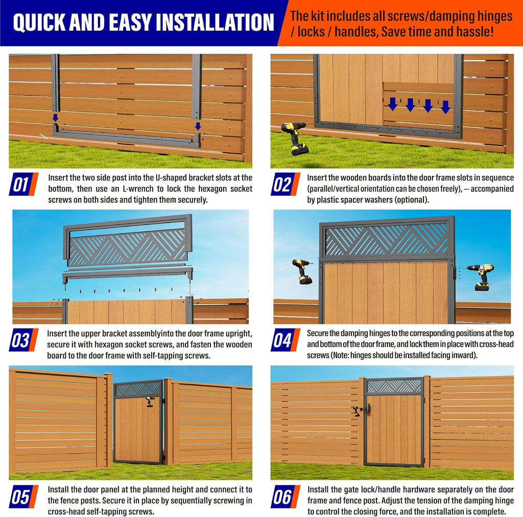 4x6FT (46.78'W X 70.8'H) 201 Stainless Steel Anti Sag Wooden Fence Gate Kit Heavy Duty Garden Gate Frame Hardware Kit Reinforcement (Left/Right Free-Installation)