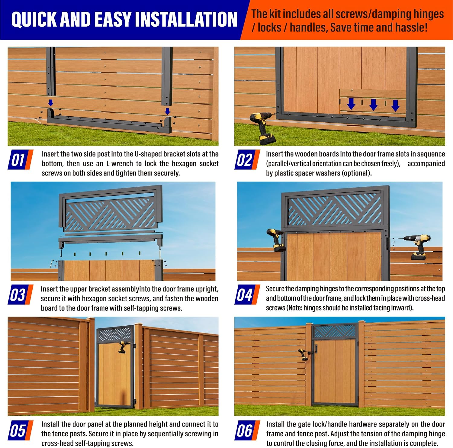 3x6FT (34.8' W X 70.8' H) 201 Stainless Steel Anti Sag Wooden Fence Gate Kit Heavy Duty Garden Gate Frame Hardware Kit Reinforcement (Left/Right Free-Installation)