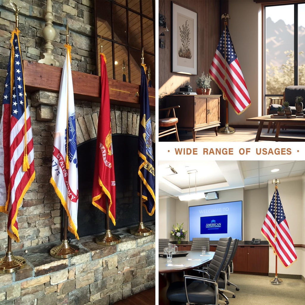 XIFAN Deluxe 8 FT Indoor American Flag and Pole Set - Solid Oak Pole, Metal Eagle Topper, Gold Fringed US Flag, Base Stand, Cord Tassel, for Lobby, Office, Auditorium, Conference Room - 8.6 FT Total