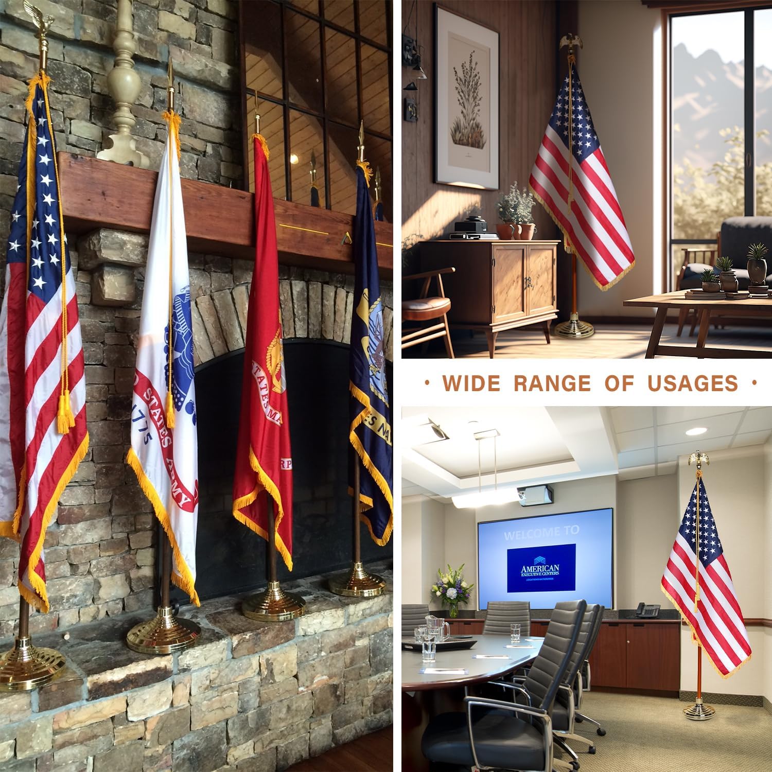 XIFAN Deluxe 8 FT Indoor American Flag and Pole Set - Solid Oak Pole, Metal Eagle Topper, Gold Fringed US Flag, Base Stand, Cord Tassel, for Lobby, Office, Auditorium, Conference Room - 8.6 FT Total