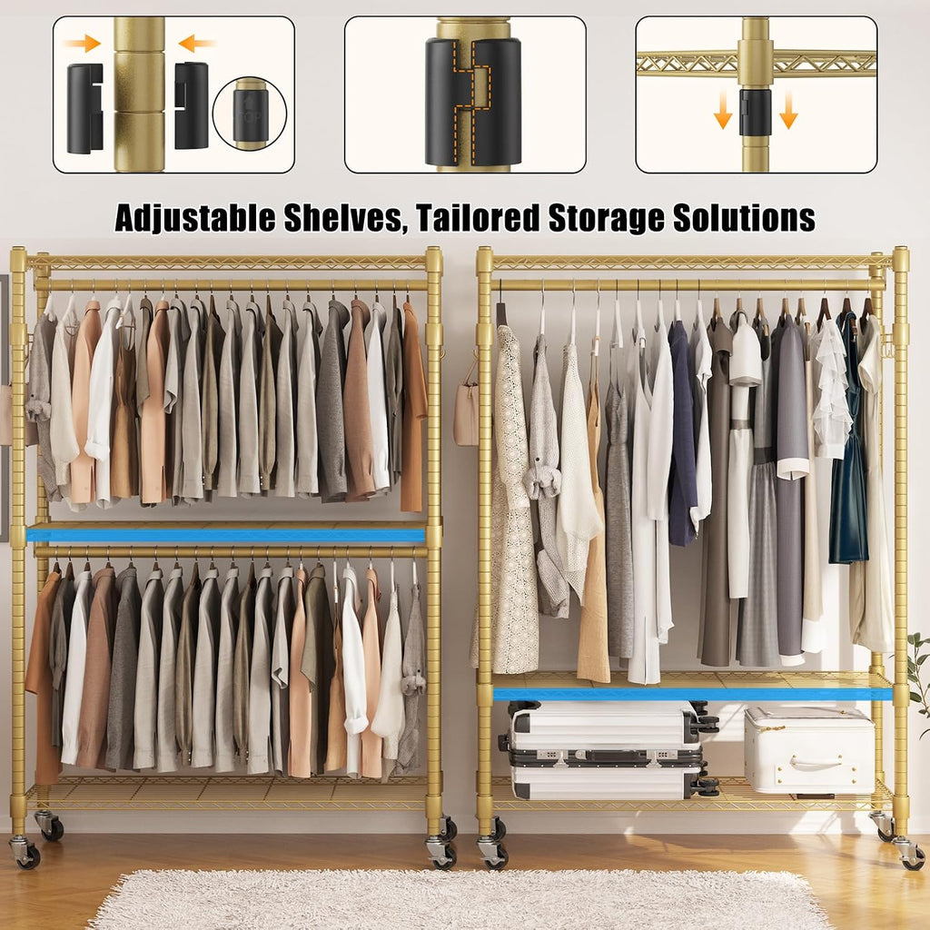 BATHWA Heavy Duty Rolling Garment Racks, 25mm Metal Pipe, 47.3'W x 17.7'D x 80.7'H Large Tall Portable Wardrobe Closet with 2 Rods, Wide Adjustable Shelves and Hangers, Clothing Hanging Storage, Gold