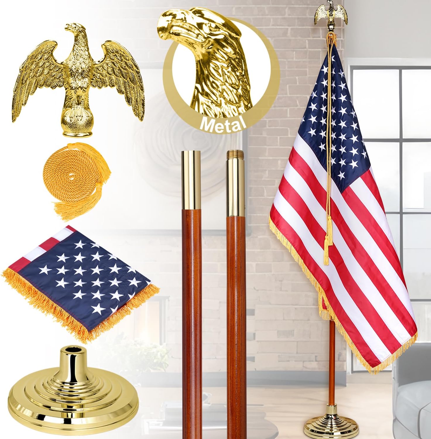 XIFAN Deluxe 8 FT Indoor American Flag and Pole Set - Solid Oak Pole, Metal Eagle Topper, Gold Fringed US Flag, Base Stand, Cord Tassel, for Lobby, Office, Auditorium, Conference Room - 8.6 FT Total