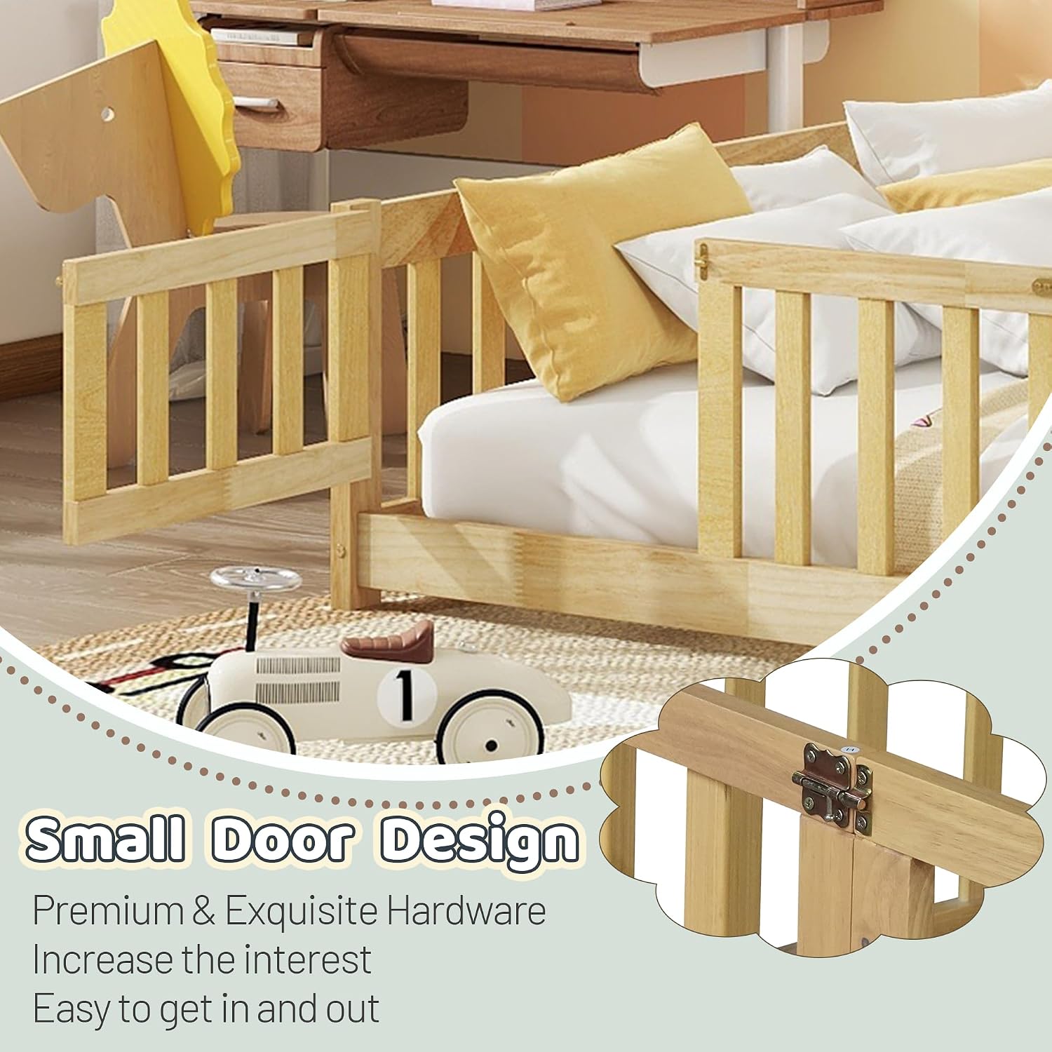 Full Floor Bed with Safety Guardrails for Kids, Rubber Wood Montessori Bed with Slats and Convertible Door,Full Size Bed Frame for Girls and Boys,No Box Spring Needed,Natural