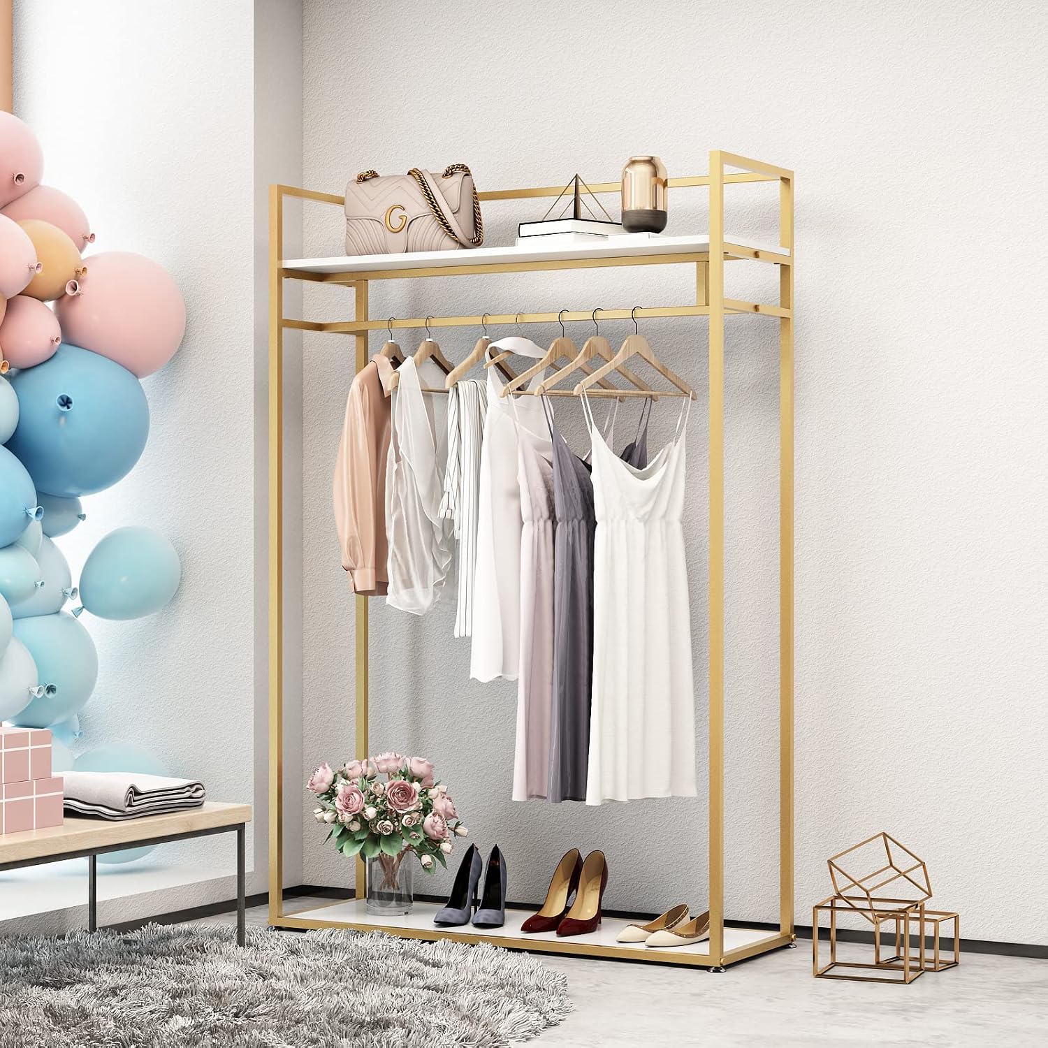 Heavy Duty Clothing Rack with Shelves for Hanging Clothing, Gold Metal Freestanding Garment Rack for Retail Display (47.24' L)