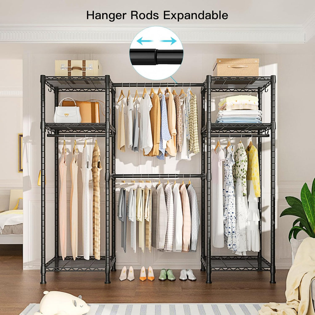 Ulif E11 and E7 Garment Rack Bundle, Metal Freestanding Clothes Rack and Closet Storage Organizer System with Shelves and Expandable Hanger Rods, Closet System Wardrobe for Hanging Clothing