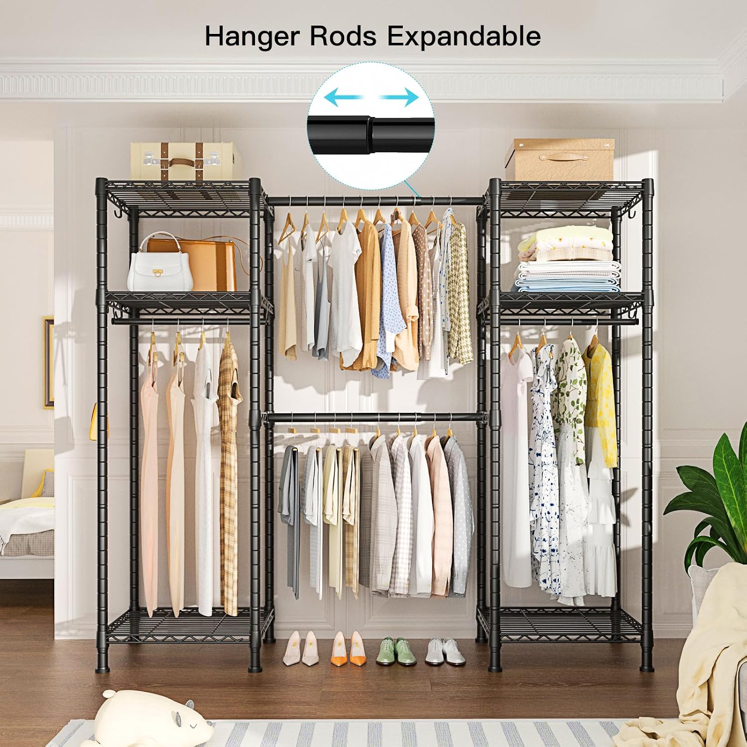 Ulif E11 and E7 Garment Rack Bundle, Metal Freestanding Clothes Rack and Closet Storage Organizer System with Shelves and Expandable Hanger Rods, Closet System Wardrobe for Hanging Clothing